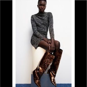 ZARA KNEE HIGH SEQUINED KITTEN HEEL BOOTS SZ 6.5